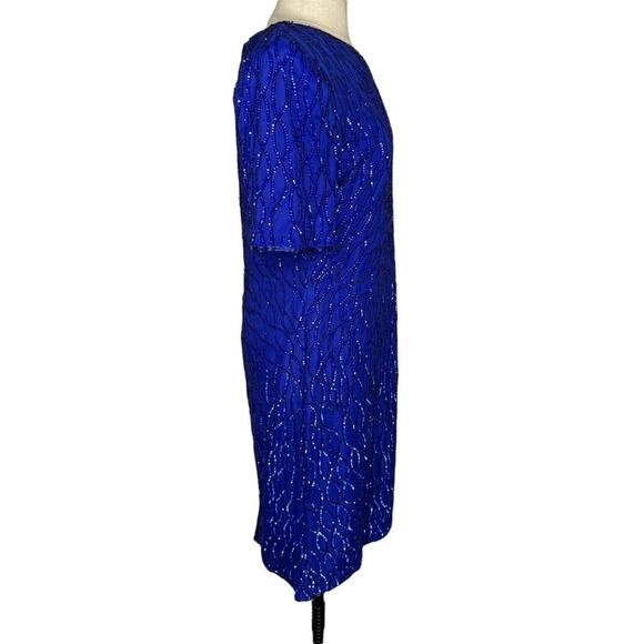 Laurence Kazar Silk Sequin Beaded Mini Dress Vintage 1980s Cobalt Blue M GUC - Picture 6 of 13